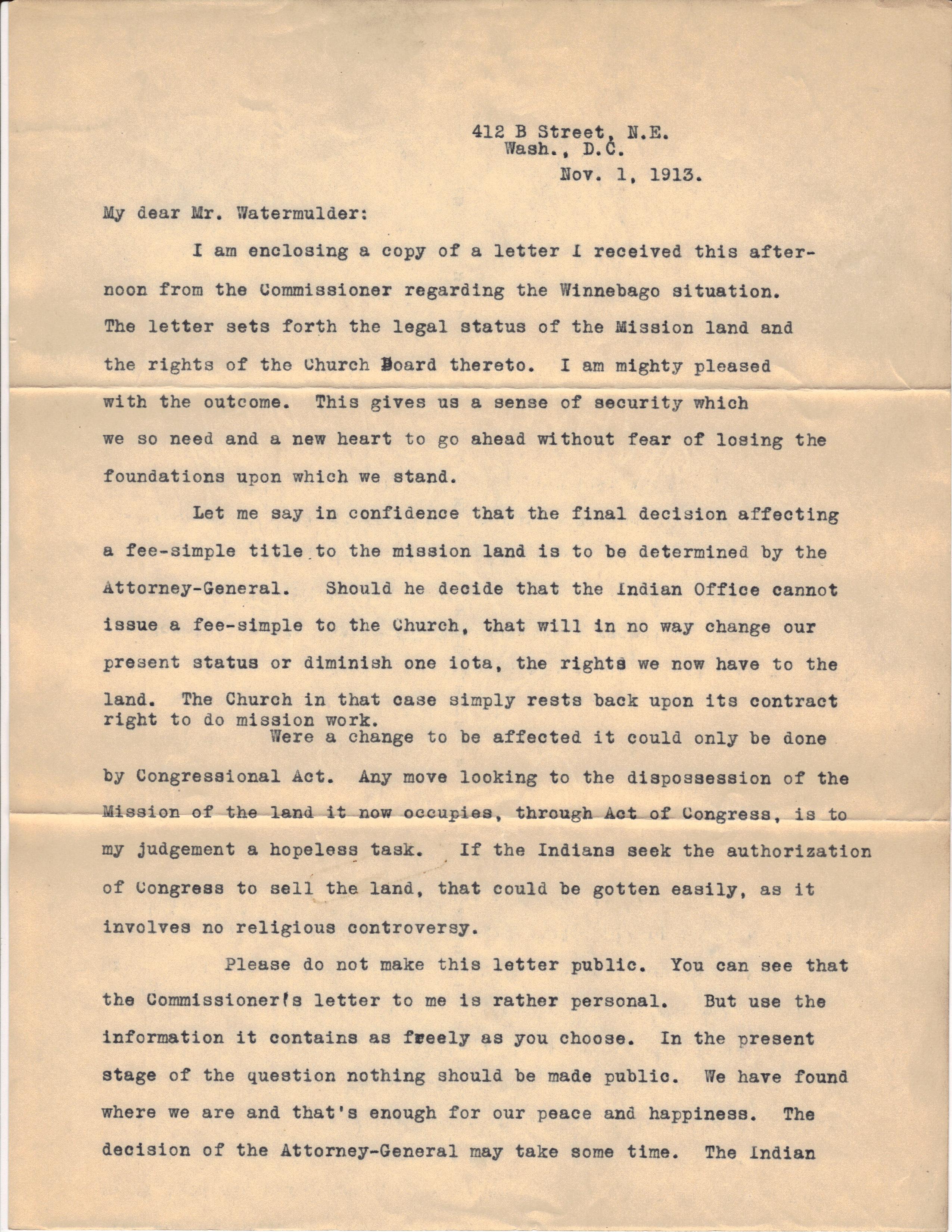 November 1, 1913: Communication, Henry Roe Cloud to Mr. Watermulder (1)